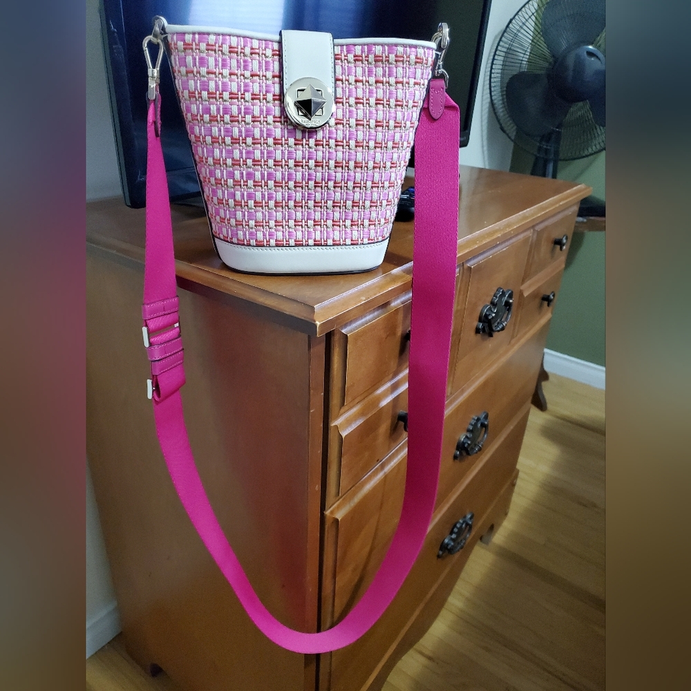 Kate Spade New York Audrey Raffia Pink Peppe Tweed Mini Bucket Crossbody